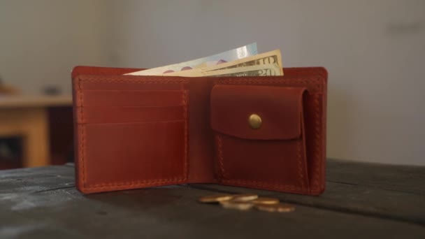 Braune Geldbörse Mit Münztasche Und Kartenhalter Und Bargeld Liegt Auf — Stockvideo