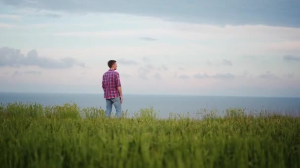 Ukrajinský Zemědělec Stojící Zeleném Žitném Poli Zralými Pšeničnými Ušima Agronomista — Stock video
