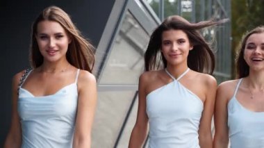 Güzel gelin, soluk mavi elbiseli güzel nedimeler el sallayarak yürür. Uzun, havadar bir duvağı olan, zarif, dalgalı, beyaz elbiseli bir kadın partilerde kız arkadaşlarıyla esneme hareketleri yapıyor. Yavaş çekim.