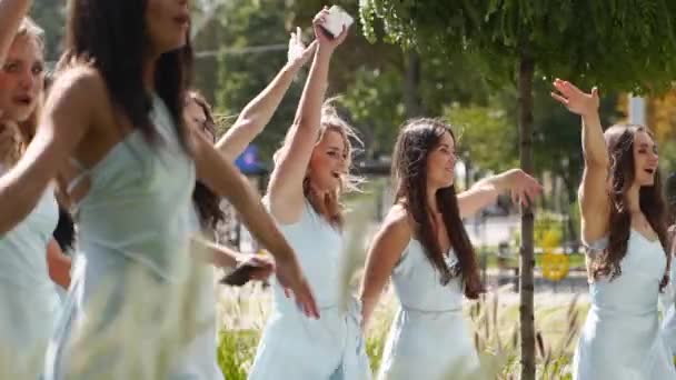 Girlfriends Bachelorette Party Attractive Pretty Bridemaids Identical Pale Blue Dresses — Stock Video