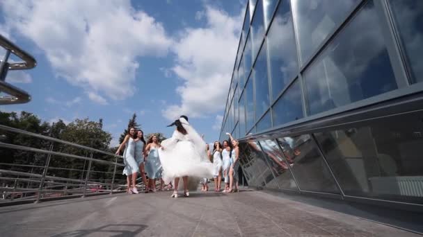 Hübsche Braut Langem Luftigem Schleier Weißes Kleid Dessen Stoff Hochzeitstag — Stockvideo