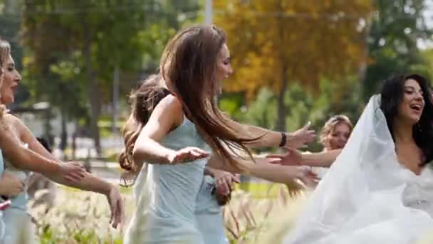 Damas Honra Bonitas Vestidos Azuis Idênticos Correm Para Abraçar Noiva — Vídeo de Stock