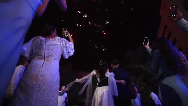 Groom Bride Watching Fireworks Sky Couple Love Kiss End Wedding — Stockvideo