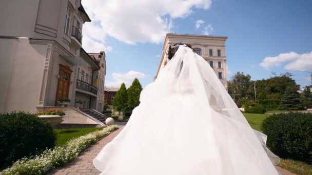 Hübsche Braut Langen Luftigen Schleier Elegantes Weißes Kleid Läuft Hochzeitstag — Stockvideo