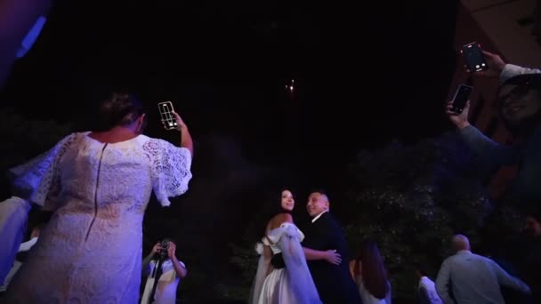 Groom Bride Watching Fireworks Sky Couple Love Kiss End Wedding — Stockvideo