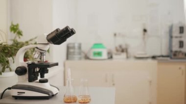 Mikroskoplu gıda laboratuvarı ve pipetli buğdaylar. Kopyalama alanı olan laboratuvar ekipmanları.