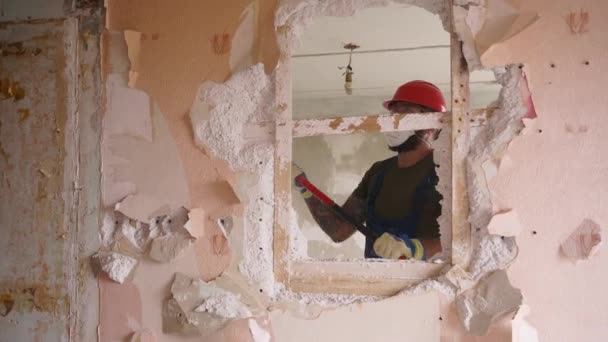 Man Doing Manual Dismantling Demolition Works Big Hammer Hits Apartment — Stock Video