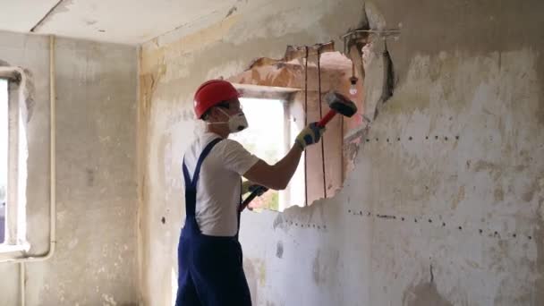 Man Doing Manual Dismantling Demolition Works Big Hammer Hits Apartment — Stock Video
