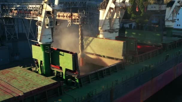 在海港的海上谷物升降机空运小麦到舱载舱载船货 小麦通过码头海港的树干从筒仓倾泻至散装货船 农业商品的运输 — 图库视频影像
