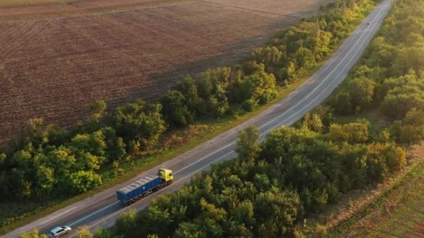 Εναέρια Λήψη Ενός Φορτηγού Σιτηρών Οδήγηση Στο Δρόμο Στην Όμορφη — Αρχείο Βίντεο