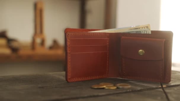 Carteira Bifold Marrom Com Bolso Moeda Titular Cartão Dinheiro Está — Vídeo de Stock