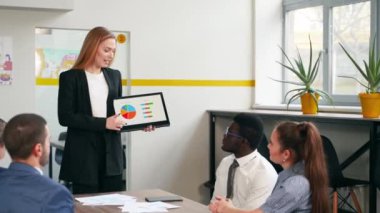 Business woman presents report, shows diagrams on tablet pc in conference room for multiethnic partners. Diverse international team listen CEO on board meeting in office. Corporate people discuss a