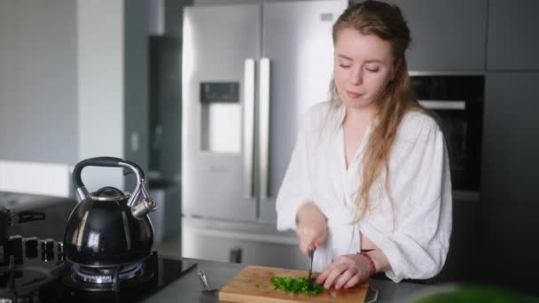 Woman Making Salad Vegetables Turn Gas Stove Burner Flame Kettle — Vídeos de Stock