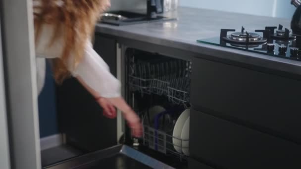 Caucasian Woman Unloading Clean Plates Dishwasher Machine Modern Stylish High — 비디오