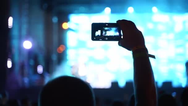 Close Man Hands Silhouette Taking Photo Recording Video Live Music — Vídeo de Stock