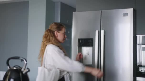 Woman Putting Groceries New Modern Fridge Young Adult Female Unpacking — Video