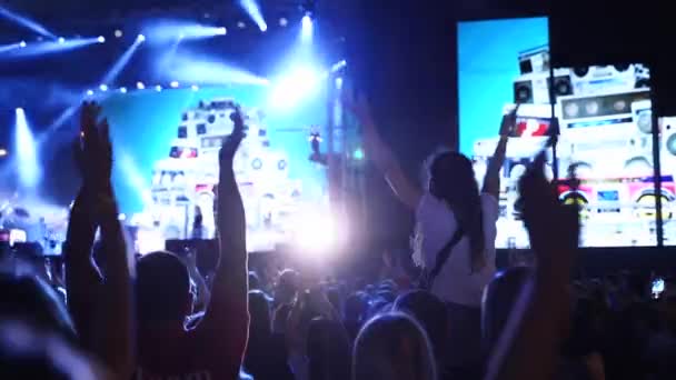 Woman Sits Boyfriend Shoulders Clapping Hands Music Concert Open Air — стоковое видео