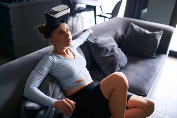 Woman Virtual Reality Goggles Enters Metaverse Immersive Experience Headset Interface — Stock Fotó