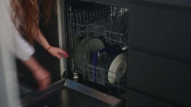 Caucasian Woman Unloading Clean Plates Dishwasher Machine Modern Stylish High — ストック動画