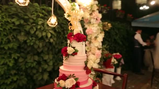 Wedding Cake Best Day Ever Sign Green Garden Decorated Wedding — Stockvideo