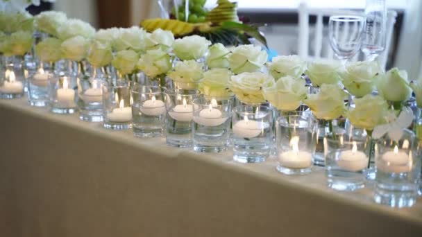 Wedding Rustic Style Decor Dishes Drinks Roses White Blue Colours — Wideo stockowe