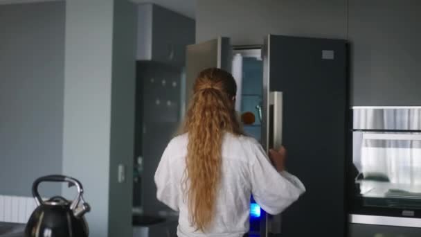 Young Woman Taking Orange Apple Fridge Girl Getting Fruit Refrigerator — Video Stock