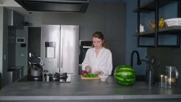 Caucasian Woman Making Salad Vegetables Modern Kitchen Island Young Female — Stock Video