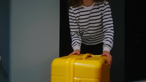 Tired Woman Drags Her Wheeled Suitcase Hotel Check Falls Sofa — Stock Video