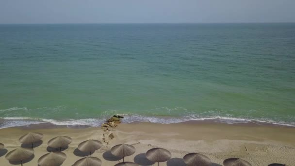 Вид Воздуха Соломенные Зонтики Пляже Океанские Волны Моют Песчаный Берег — стоковое видео