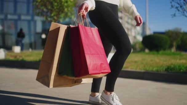 Close Woman Walking Shopping Bags Hands City Mall Low Angle — Stock Video