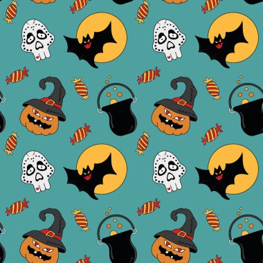 Kusursuz Cadılar Bayramı vektör deseni. Kumaş üzerinde arka plan, duvar kağıdı ya da baskı olarak kullanın. Tasarım yüzeyleri için elverişli.