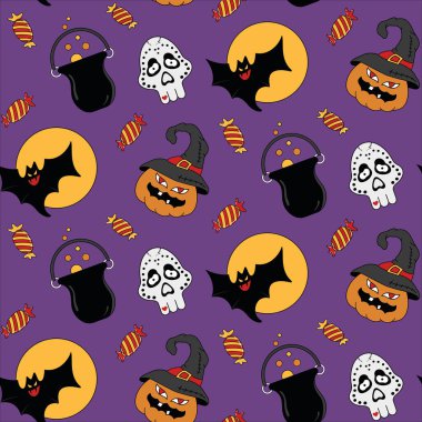 Kusursuz Cadılar Bayramı vektör deseni. Kumaş üzerinde arka plan, duvar kağıdı ya da baskı olarak kullanın. Tasarım yüzeyleri için elverişli.
