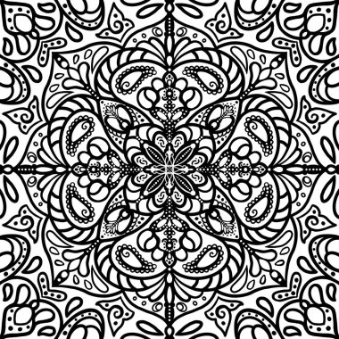 El çizimi, kusursuz mandala desenli boyama sayfası. Tebrik kartları, kumaş baskıları, eşarplar ve evinizi dekore etmek için herhangi bir baskı yüzeyinde kullanın.