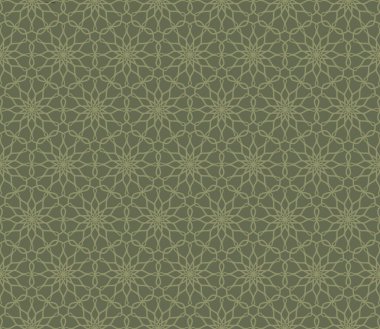 Orientalist Osmanlı kaftan tarzıyla ve stilize yıldız motifleriyle adaçayı renginde kusursuz süslemeli vektör deseni. Giysi, kumaş baskısı, ev tekstili, moda tasarımı ve duvar kağıtları için kullan.