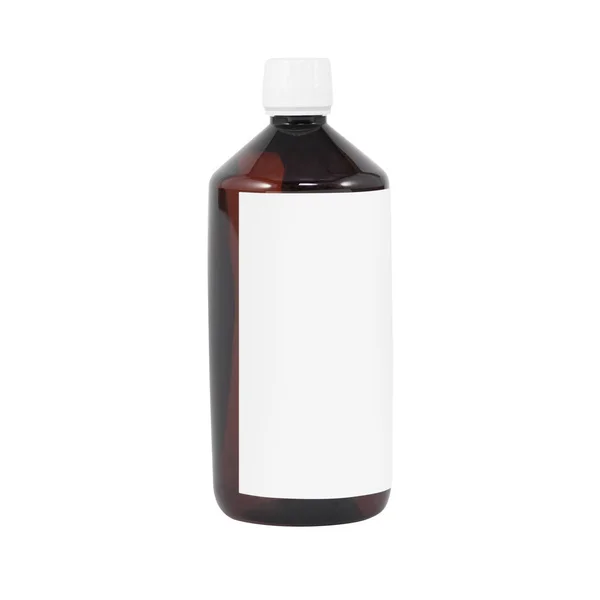 Braune Plastikflasche mit weißem Verschluss auf weißem Hintergrund und leerem Etikett — Stockfoto