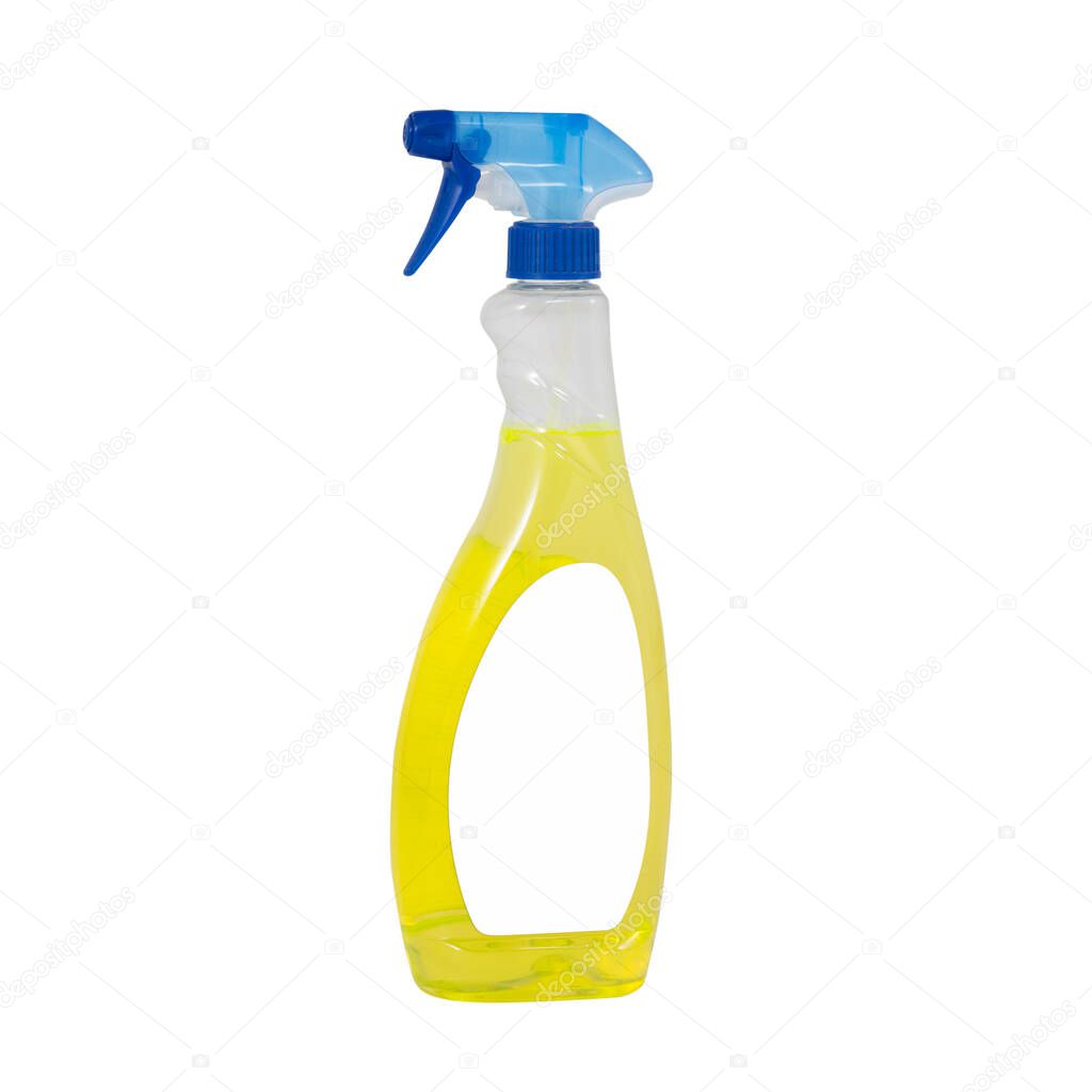 Sanitary spray plastic bottle on a white background with white label