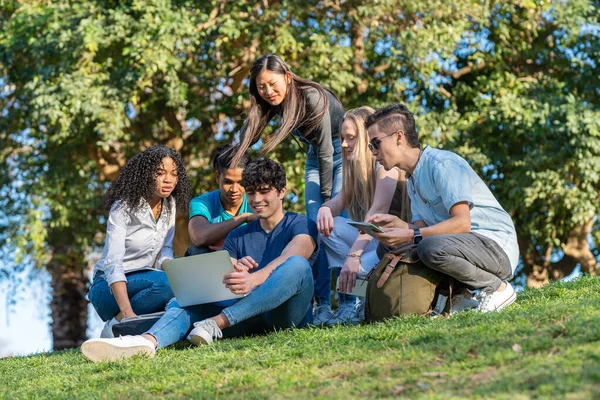 Group of teenage friends looking at laptop in the park on green grass — Stock Photo, Image