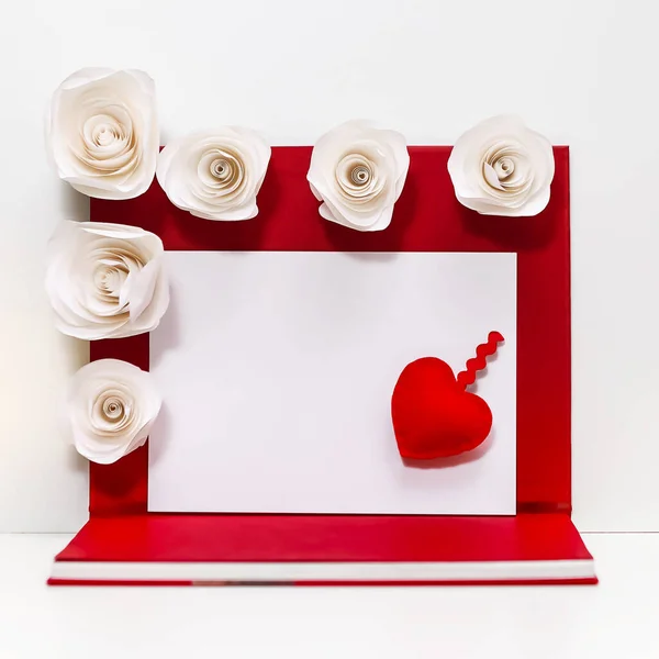 White Sheet Paper Frame Red Book White Background White Roses — Stock Photo, Image