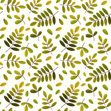 Kusursuz doğal desen, çizgi film tarzında parlak yeşil yapraklar, açık arkaplan ve kumaş.