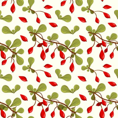 Kusursuz doğal desen, parlak yeşil yapraklar ve çizgi film tarzında kızılcık üzümleri, açık arkaplan ve kumaş, yaban mersini..