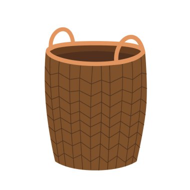 Hasır kahverengi sepet. Ev ve banyo için suç ortağı. Bir ev nesnesinin boho tarzında resmedilmesi