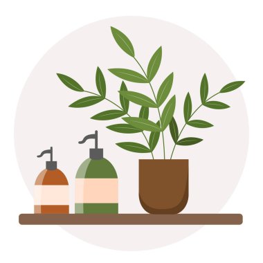 Raftaki bitkiler ve hijyen malzemeleri, izole çizimler..