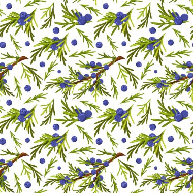 Kusursuz doğal desen, ardıç ağacının yeşil yaprakları ve meyveleri çizgi film stili, açık arkaplan, kumaş.