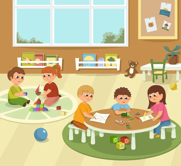 Kleuterschool Kinderen Spelen Leren Illustratie Van Kleuterschool Speelgoed Kinderen Tekenfilmstijl — Stockfoto