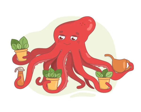 红章鱼园艺师在他的触角上夹着一盆盆的植物 卡通片风格的海洋居民 花园用品 — 图库照片
