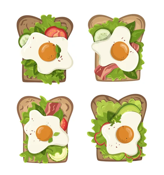 烤鸡蛋 蔬菜和香草 生菜叶 健康的食物 适当的营养 卡通风格的精彩插图 — 图库照片