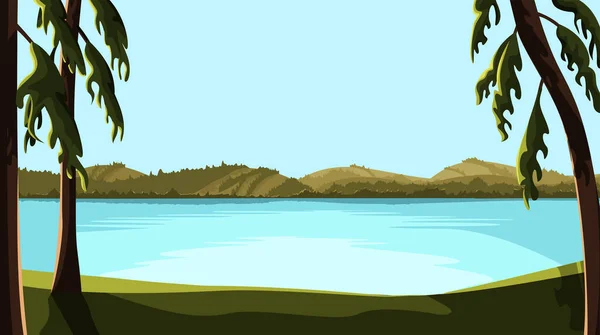 Лесной Пейзаж Озеро Горы Сосны Векторная Иллюстрация Горного Пейзажа Мультяшном — стоковый вектор