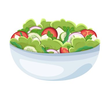 Salatalık, domates ve soğanlı sebze salatası. Sağlıklı bir atıştırmalık Çizgi film tarzında yiyecek tasviri.