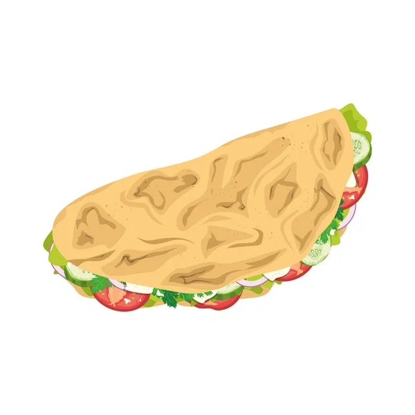 Pita zöldségekkel és gyógynövényekkel. Uborka, paradicsom, hagyma és petrezselyem. Egy lapos kenyér. Illusztráció élelmiszer rajzfilm stílusban. — Stock Fotó