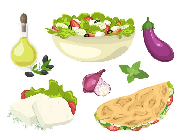 希腊菜 希腊色拉 橄榄油 意大利芝士 黄瓜和西红柿 漫画风格的食物说明 — 图库照片